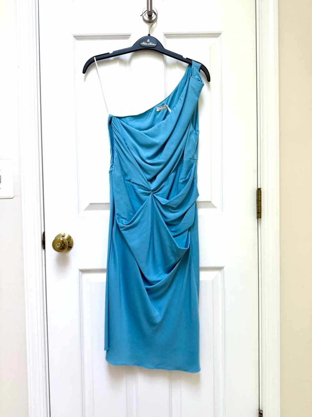 Leon Max One-Shoulder Draped Turquoise Blue Asymmetrical Dress